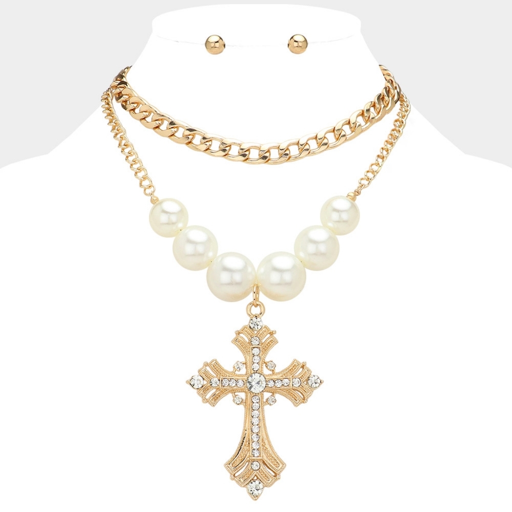 Chunky Pearl Crystal Gold Cross Pendant Layered Statement Necklace Chain Link